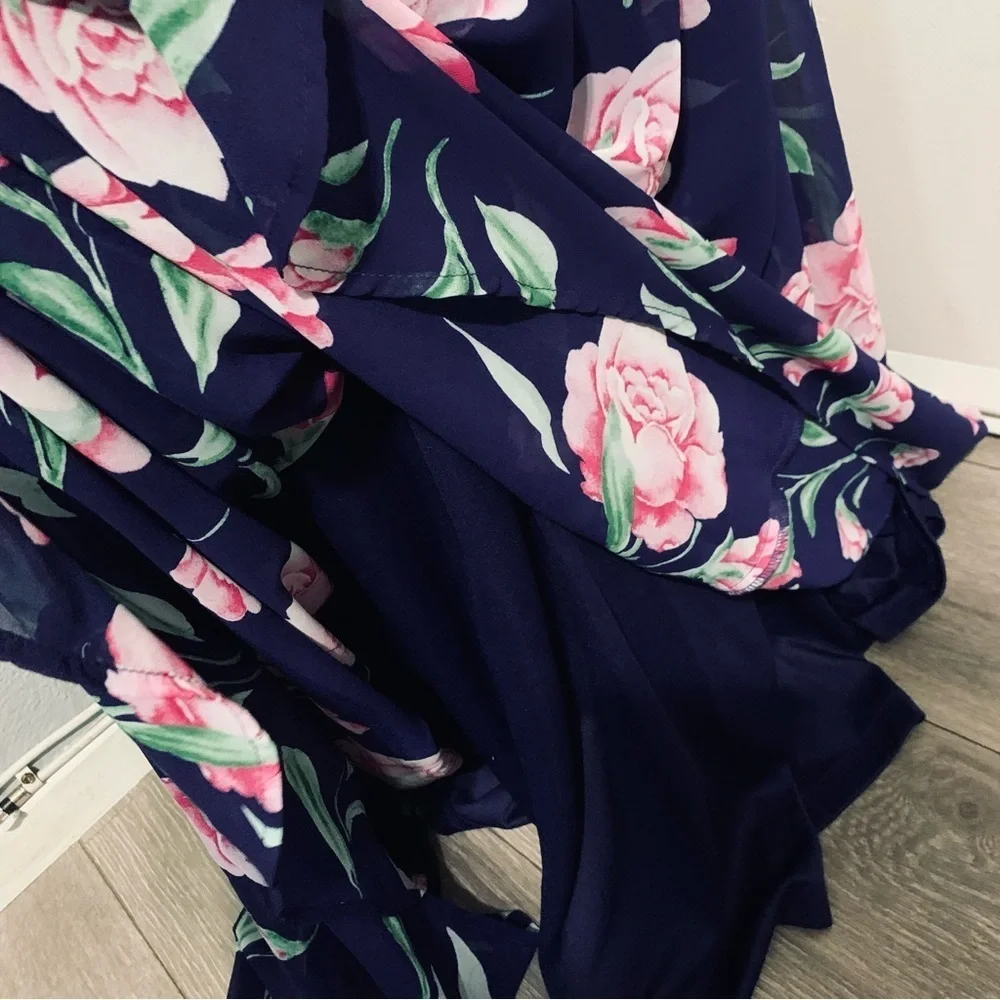 Lulu’s New V-Neck Sleeveless Navy Floral Print Maxi Prom Bridesmaid Dress Size M - Picture 13 of 16